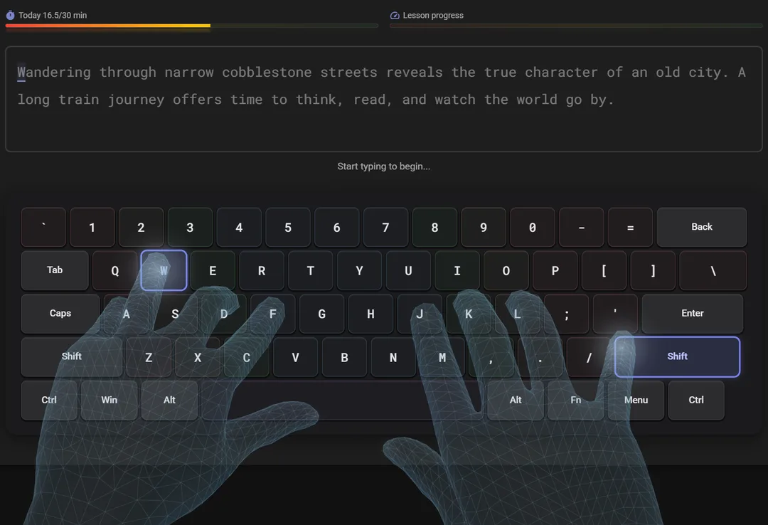 Live FasTyping practice session showing WPM, accuracy, and the 3D finger-placement guide